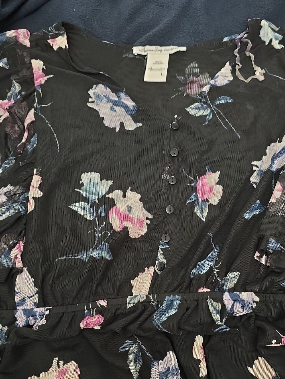 American Rag Black Floral Button-Down Womens Top